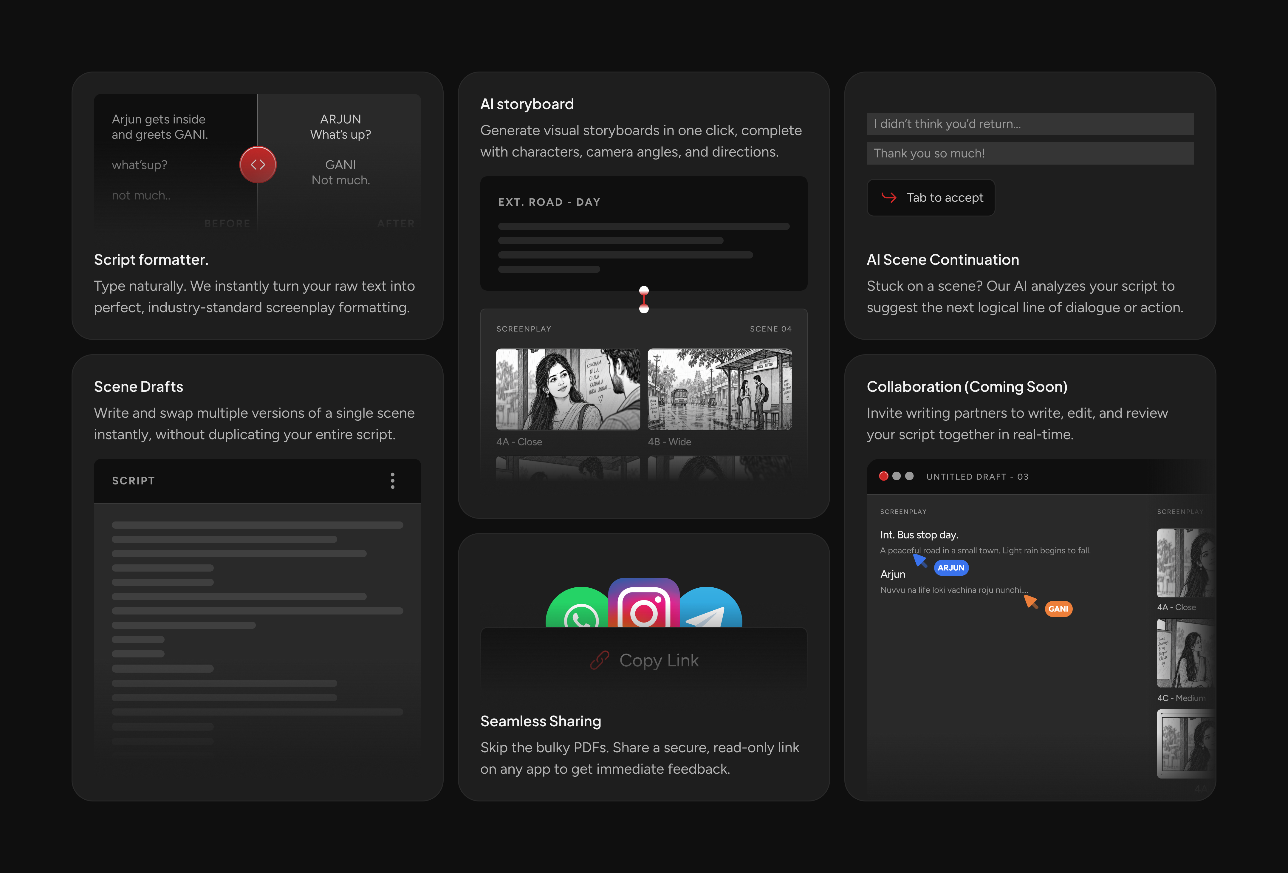 MyLogline features: script formatter, scene drafts, AI storyboard, seamless sharing, AI scene continuation and collaboration